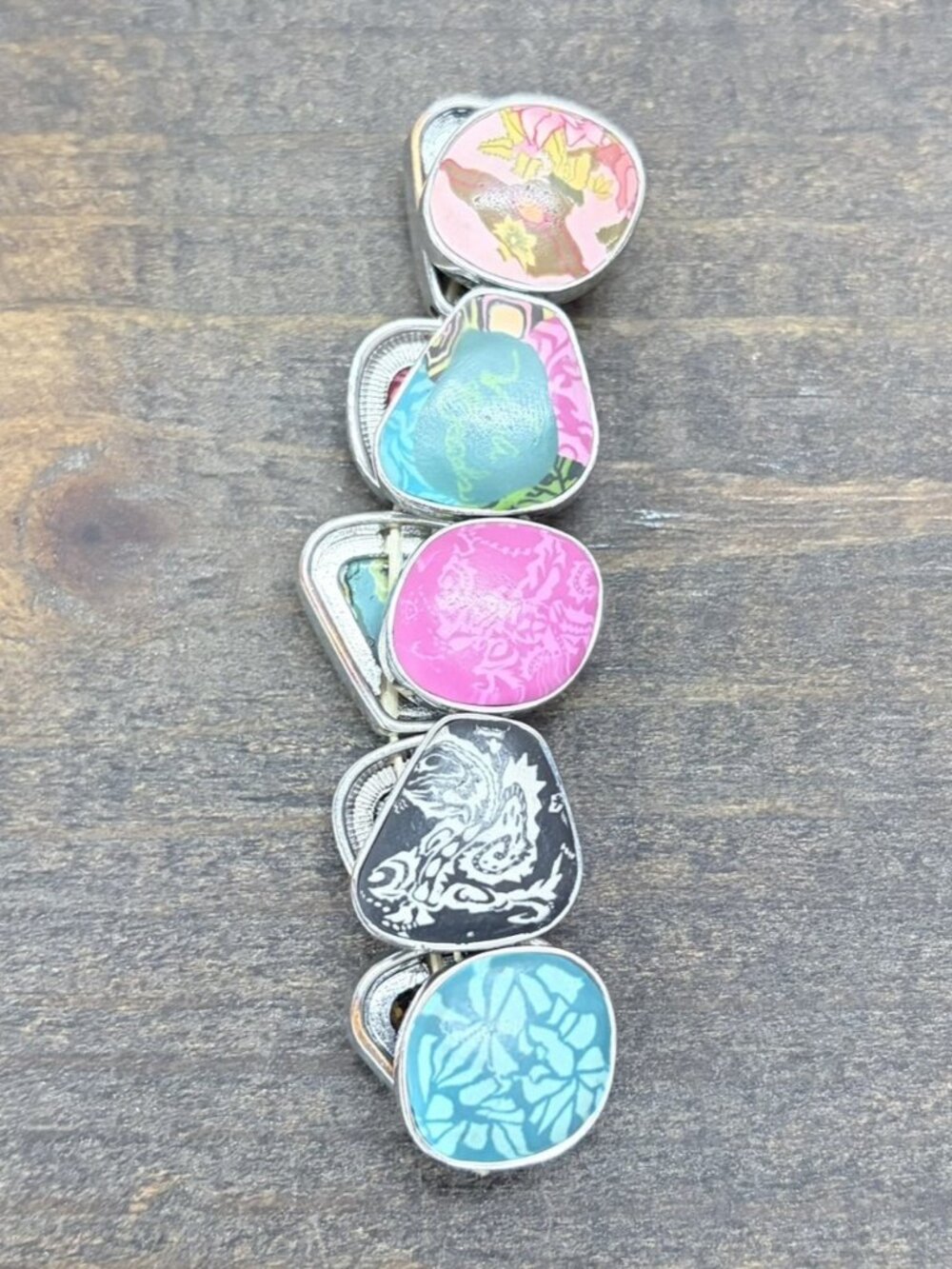 Viva Bead Multi-Color Polymer Clay Stretch Bracelet Handmade Silver Bezel NWOT